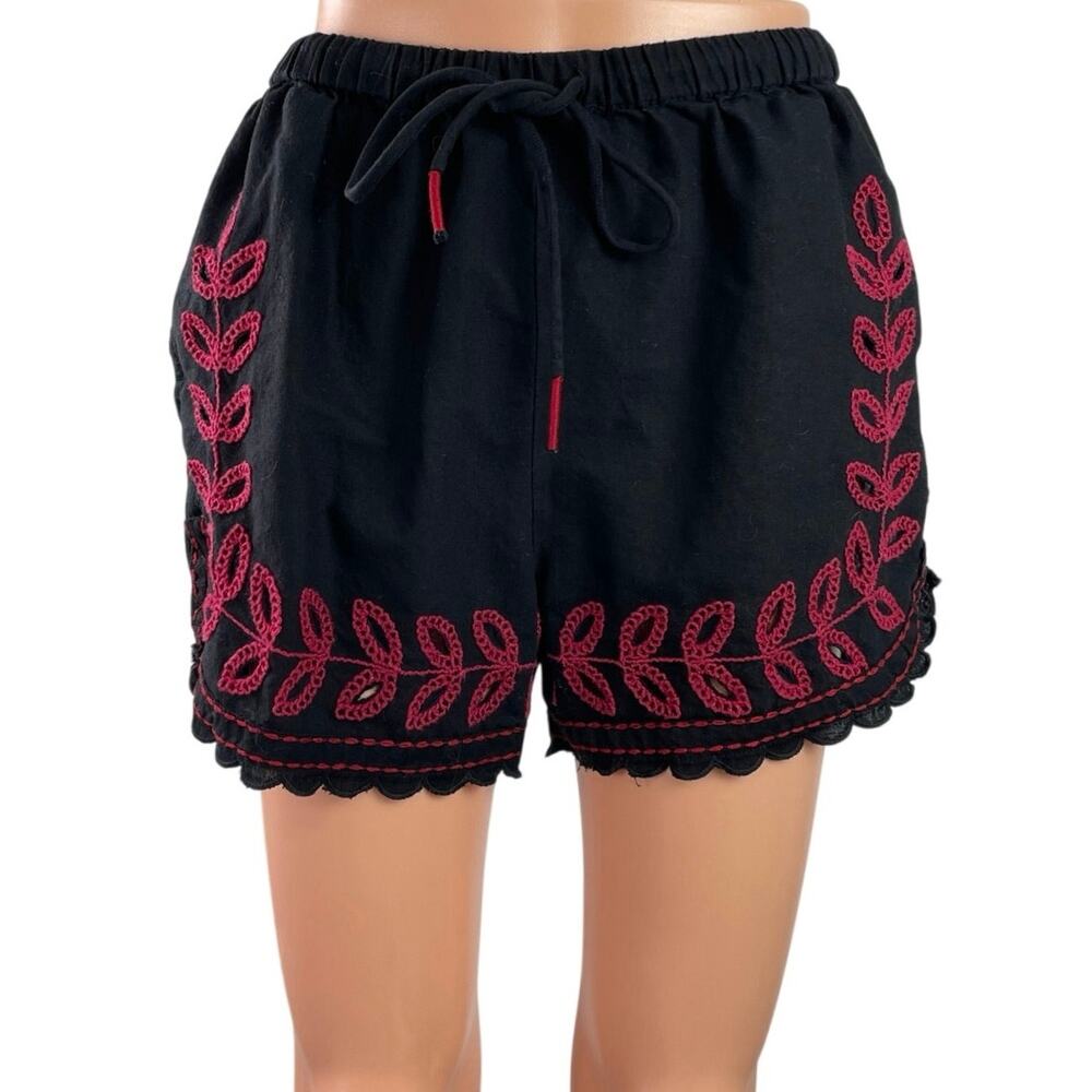 Zara Black High Rise Embroidered Drawstring Boho Lettuce Mini Shorts Size XS